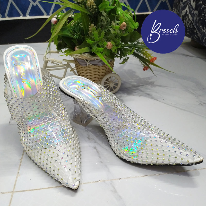 6-WGB-801 White Grid with Rainbow beads 3 Inch Heel
