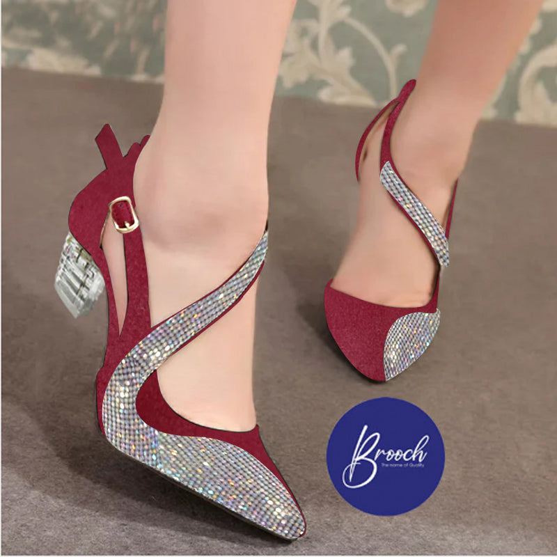 3-MRM-896 Maroon lite Velvet with Beautiful Rainbow Mesh Stones with Block Heel