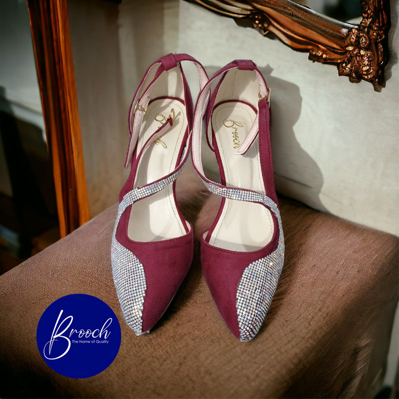 3-MRM-896 Maroon lite Velvet with Beautiful Rainbow Mesh Stones with Block Heel