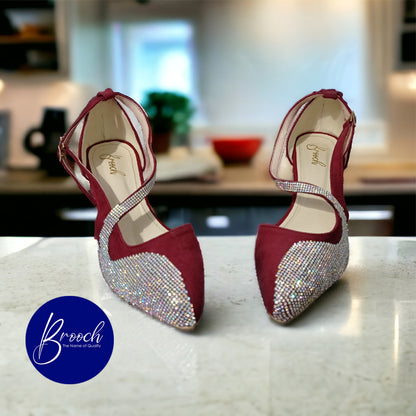 3-MRM-896 Maroon lite Velvet with Beautiful Rainbow Mesh Stones with Block Heel