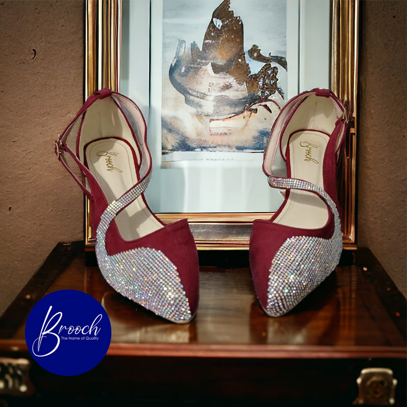 3-MRM-896 Maroon lite Velvet with Beautiful Rainbow Mesh Stones with Block Heel